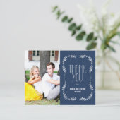Framing Blätter Hochzeit Foto Danke Card Navy (Stehend Vorderseite)