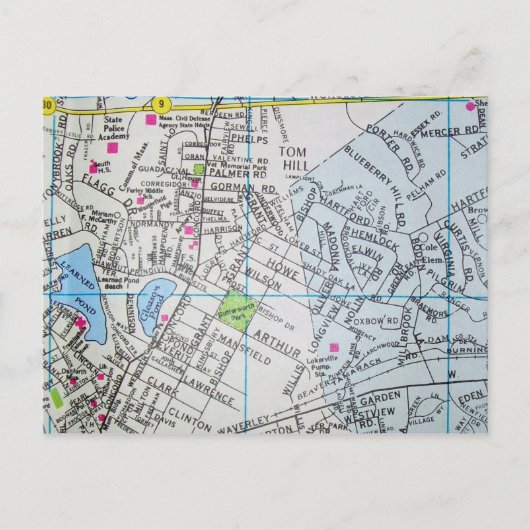 Framingham, MA Vintag Map Postkarte (Vorderseite)