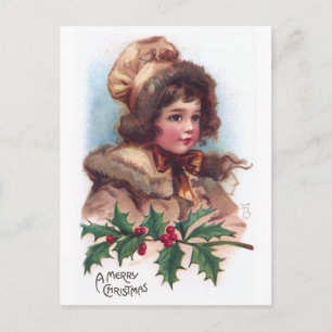 Frances Brundage: Wintermädchen mit Stechpalme Feiertagspostkarte