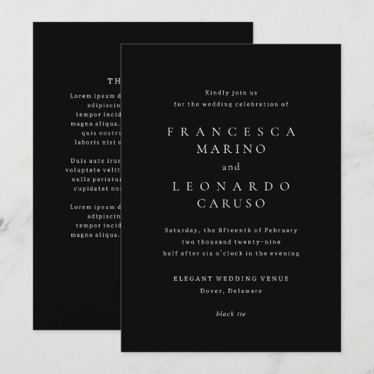 Francesca Black Classic Wedding Einladung (Vorne/Hinten)