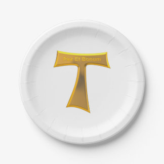 Franciscan Tau Cross Pax und Bonum Gold Metallic Pappteller