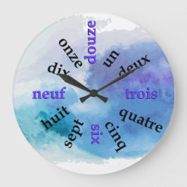 Francophone Numbers Blue Watercolor Round Clock Große Wanduhr