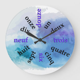 Francophone Numbers Blue Watercolor Round Clock Große Wanduhr