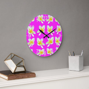 Frangipani-Muster in heiß rosa und gelb, Große Wanduhr