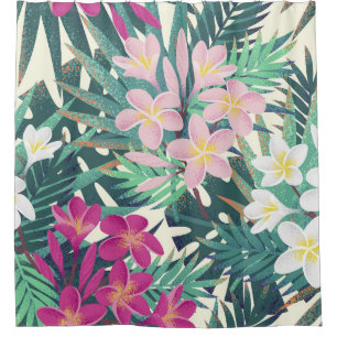 Frangipani Tropical: Rosa-Weiß Vintag. Duschvorhang