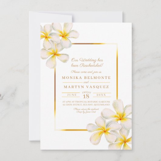 Frangipani weißen Gold tropische Neuauflage Hochze Einladung (Vorderseite)