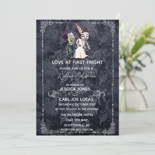 Frankenstein Bride Halloween Wedding Einladung (Stehend Vorderseite)