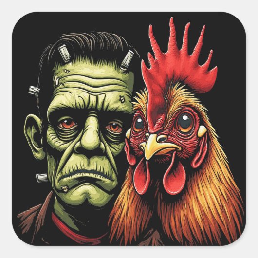 "Frankenstein & Earl" Chessy Chicken Selfies Quadratischer Aufkleber (Vorderseite)