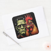 "Frankenstein & Earl" Chessy Chicken Selfies Quadratischer Aufkleber (Umschlag)