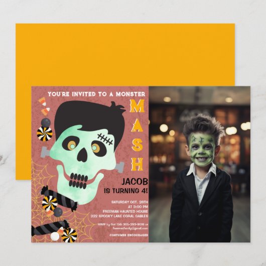 Frankenstein Halloween Foto Einladung (Vorne/Hinten)