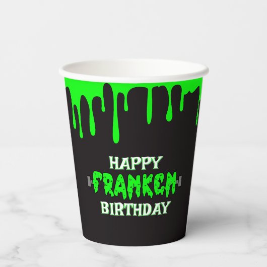 Frankenstein Happy Birthday Halloween Green Slime Pappbecher (Rückseite)