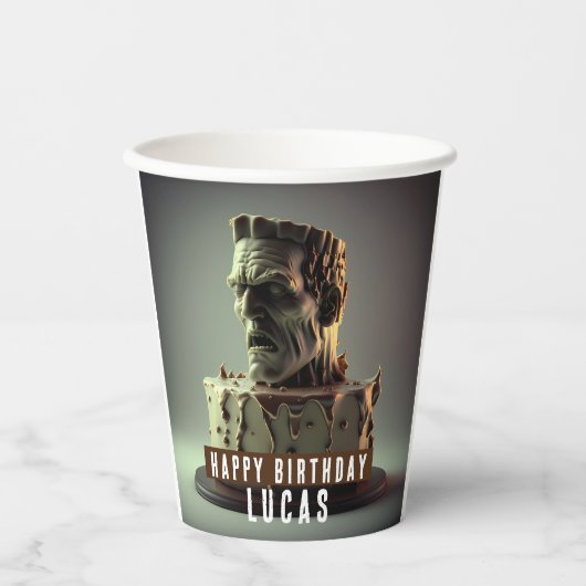 Frankenstein Head Birthday Chocolate Cake Pappbecher (Vorderseite)