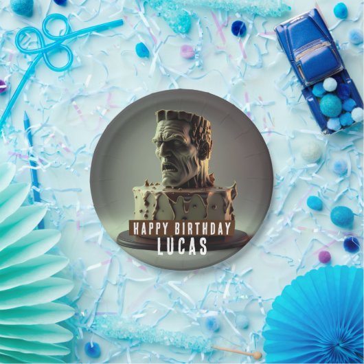 Frankenstein Head Birthday Chocolate Cake Pappteller (Party)