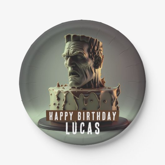 Frankenstein Head Birthday Chocolate Cake Pappteller (Vorderseite)