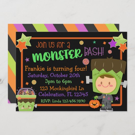 Frankenstein Monster Bash Halloween Einladung (Vorne/Hinten)