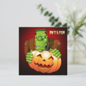Frankenstein Monster Cartoon mit Pumpkin Einladung (Stehend Vorderseite)