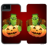 Frankenstein Monster Cartoon mit Pumpkin Incipio iPhone Geldbeutel-Hülle (Folio Geöffnet)