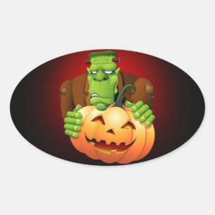 Frankenstein Monster Cartoon mit Pumpkin Ovaler Aufkleber