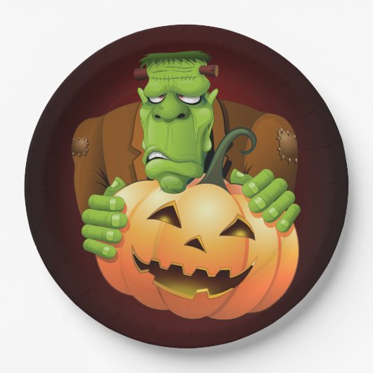 Frankenstein Monster Cartoon mit Pumpkin Pappteller (Vorderseite)