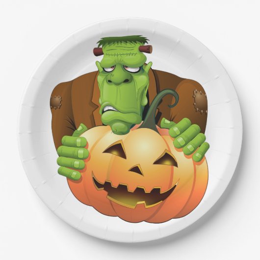 Frankenstein Monster Cartoon mit Pumpkin Pappteller (Vorderseite)