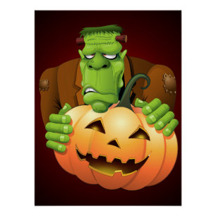 Frankenstein Monster Cartoon mit Pumpkin Poster