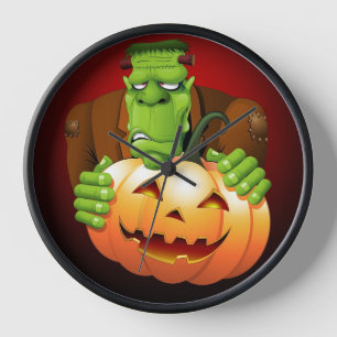 Frankenstein Monster Cartoon mit Pumpkin Uhr