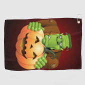 Frankenstein Monster Cartoon with Pumpkin Golfhandtuch (Horizontal)