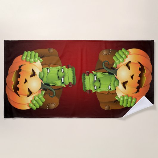 Frankenstein Monster Cartoon with Pumpkin Strandtuch (Vorderseite)