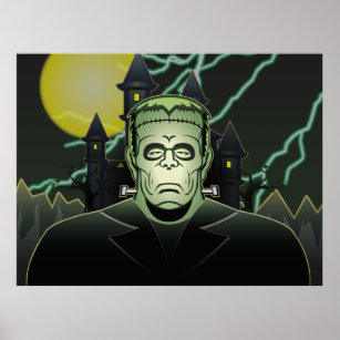 Frankenstein Monster Halloween Castle Lightning Poster