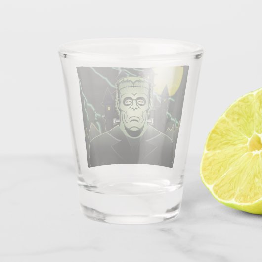 Frankenstein Monster Halloween Castle Lightning Schnapsglas (Rückseite)