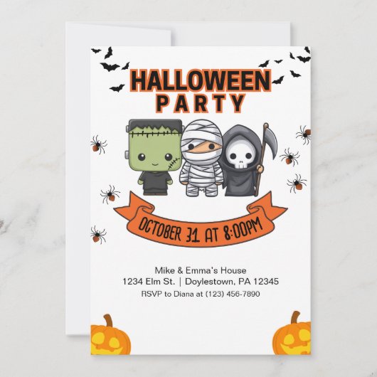 Frankenstein Mummy Grim Sensenmann Niedlich Hallow Einladung (Vorderseite)