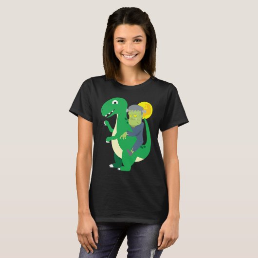 Frankenstein Riding Rex Cool Dinosaur Halloween Co T-Shirt (Vorne ganz)