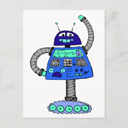 Frankie Robot: Blau auf Weiß Postkarte (Vorderseite)