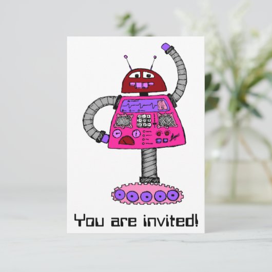 Frankie Robot: Rosa auf Weiß Einladung (Stehend Vorderseite)