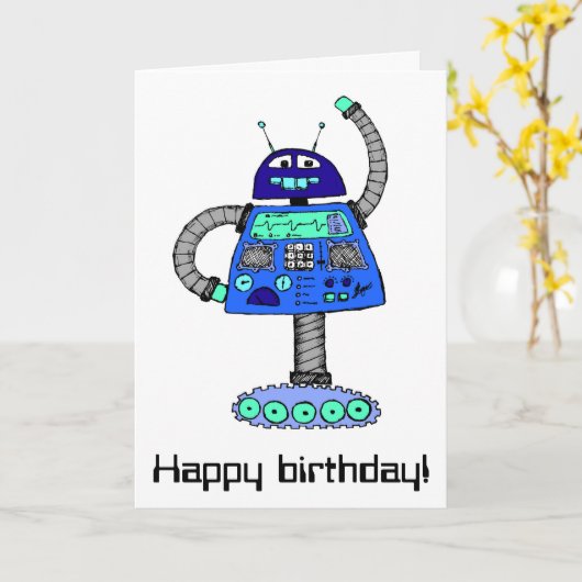 Frankie Roboter: Blau auf Weiß Karte (Gelbe Blume)