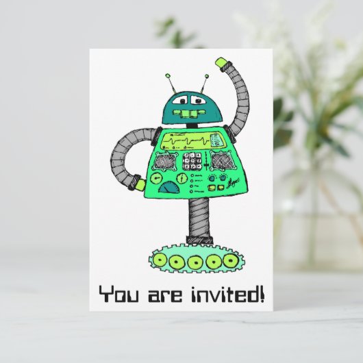 Frankie Roboter, grün auf weiß Einladung (Stehend Vorderseite)