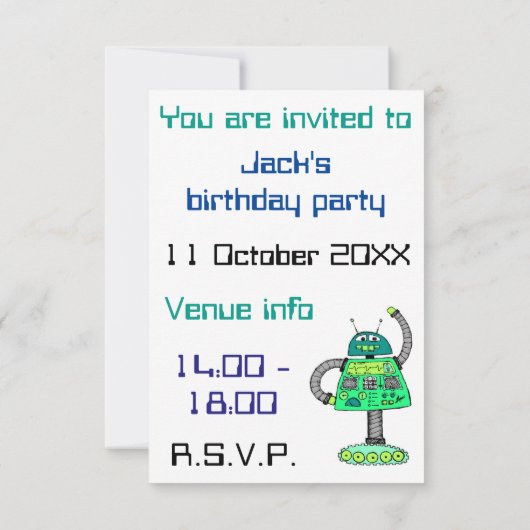 Frankie Roboter, grün auf weiß Einladung (Rückseite)