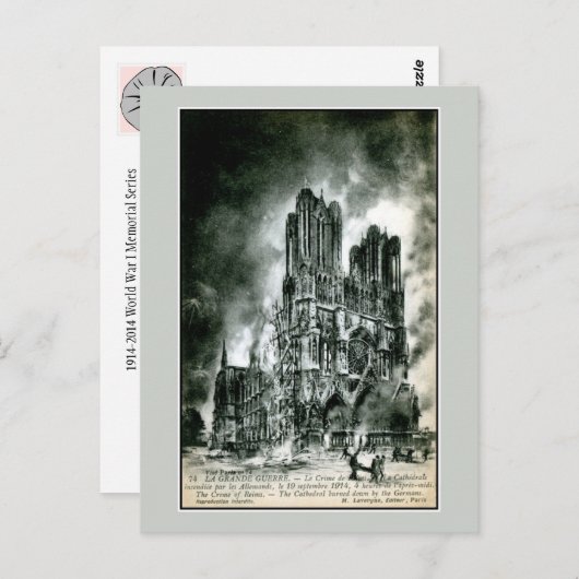 Frankreich die brennende Kathedrale von Reims zeic Postkarte (Vorne/Hinten)