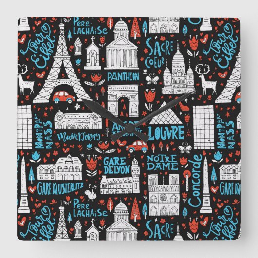 Frankreich | Muster der Symbole Quadratische Wanduhr (Vorderseite)