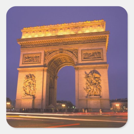Frankreich, Paris, Arc de Triomphe bei Dämmerung. Quadratischer Aufkleber (Vorderseite)