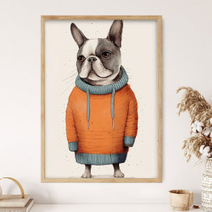 Franzose in orangem Pullover, lustiger Hundedeko, Poster