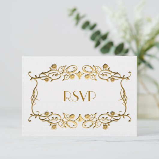 Französisch Art Deco Elfenbein White Gold Foil Wed RSVP Karte (Stehend Vorderseite)