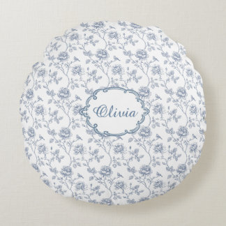 Französisch Blau Toile Chinoiserie Blumen Mädchen Rundes Kissen