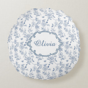 Französisch Blau Toile Chinoiserie Blumen Mädchen  Rundes Kissen