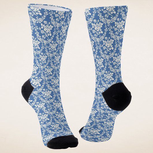 Französisch Blau Weiße Botanische Blumen Socken