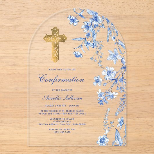 Französisch-Blaue Wildblumen-Bogenbestätigung Acryleinladungen (Vorderseite)