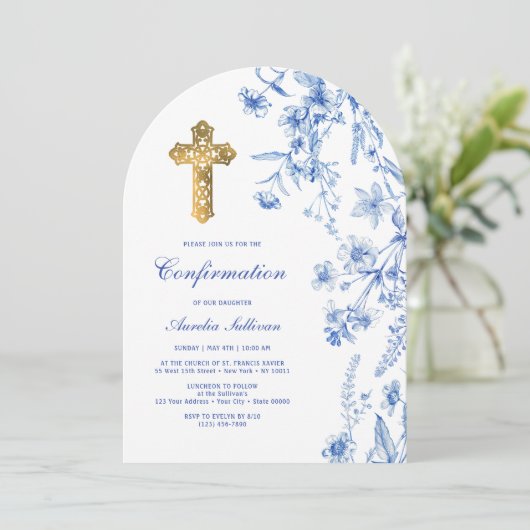 Französisch-Blaue Wildblumen-Bogenbestätigung Einladung (Stehend Vorderseite)