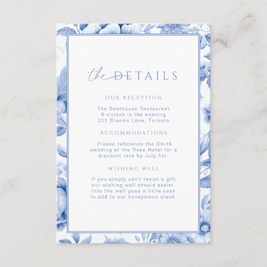 Französisch Blauer Toile Blumenzettel Beilage Begleitkarte (Vorderseite)