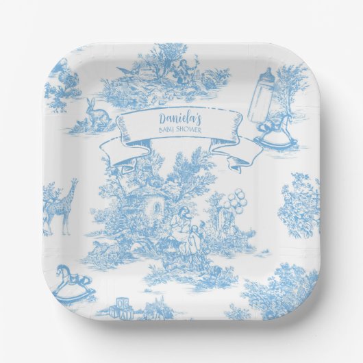Französisch Blue and White Toile de Jouy Baby Dusc Pappteller (Vorderseite)