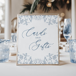 Französisch Blue Chinoiserie Blumenkarten und Gesc Poster